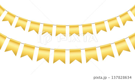 Golden flag party bunting border. Gold festive flag garland. Birthday party bunting. Yellow ribbon chain. Carnival banner. Design element. Vector illustration isolated on white background Golden flag party bunting border. Gold festive flag garland. Birthday party bunting. Yellow ribbon chain. Carnival banner. Design element. Vector illustration isolated on white background 137828634