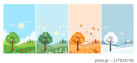Four Seasons Landscape. Spring, Summer, Autumn and Winter Nature Set. Seasonal Time Panorama . Isolated flat Vertical poster background. Vector illustration. Not AI Four Seasons Landscape. Spring, Summer, Autumn and Winter Nature Set. Seasonal Time Panorama . Isolated flat Vertical poster background. Vector illustration. Not AI 137828736