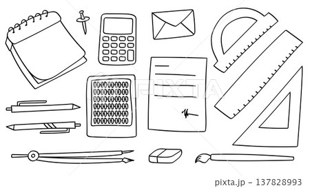 School Materials Doodle Line Hand Drawing and Office Supplies Set.Vector Illustration 137828993