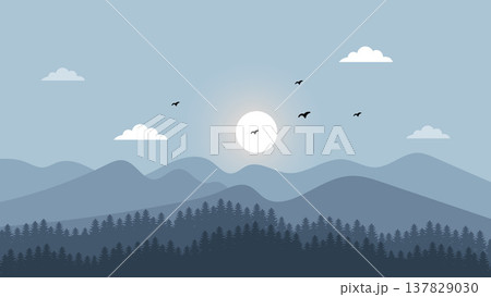 Blue Mountains and Silhouette Pine Trees Landscape Banner Background with Sun and Birds.Vector Illustration Blue Mountains and Silhouette Pine Trees Landscape Banner Background with Sun and Birds.Vector Illustration 137829030