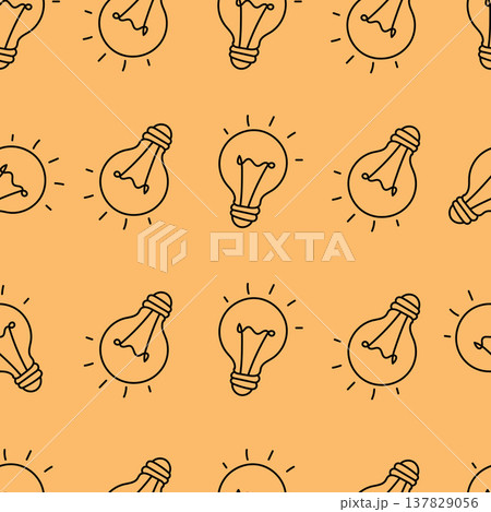 Seamless Pattern Light Bulb Doodle Line Drawing on Orange Background.Vector Illustration 137829056