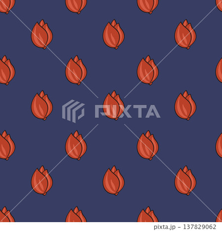 Seamless Pattern Red Buds Flowers Hand Drawn on Blue Background. Vector Illustration Seamless Pattern Red Buds Flowers Hand Drawn on Blue Background. Vector Illustration 137829062