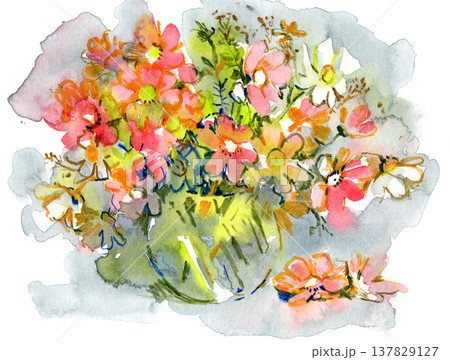 Loose watercolor bouquet of bright garden flowers in a glass vase Loose watercolor bouquet of bright garden flowers in a glass vase 137829127