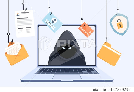 Phishing attack. Hacker on laptop screen and different digital dangers. Cyber criminal steals user login and data, email, bank account. Hacking sapid vector concept Phishing attack. Hacker on laptop screen and different digital dangers. Cyber criminal steals user login and data, email, bank account. Hacking sapid vector concept 137829292