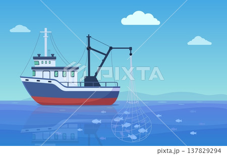Industrial fishing. Ship with fish net underwater. Commercial boat in sea or ocean, professional fish catching with special equipment, sapid vector scene Industrial fishing. Ship with fish net underwater. Commercial boat in sea or ocean, professional fish catching with special equipment, sapid vector scene 137829294