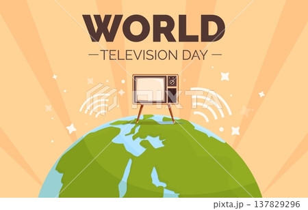 Tv day poster. World television holiday banner. Cartoon retro tv in wide housings stand on globe. Advertising, design for festive, sapid vector background Tv day poster. World television holiday banner. Cartoon retro tv in wide housings stand on globe. Advertising, design for festive, sapid vector background 137829296
