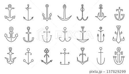 Vintage anchor. Outline nautical elements, anchors simple icons design. Sea ocean adventures symbols, ship boat equipment, neoteric vector clipart 137829299