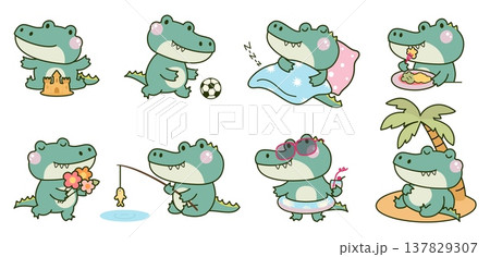 Funny cartoon crocodiles. Kawaii crocodile rest on beach, doing sand castle, play ball, fishing, eating and drink cocktails. Children stickers nowaday vector design 137829307