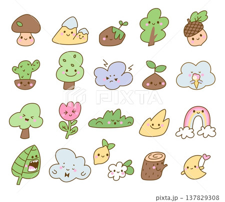 Nature kawaii elements. Funny natural characters, adorable eco stickers. Tree, flowers, rainbow, clouds, leaves, acorn and mountain, nowaday vector set Nature kawaii elements. Funny natural characters, adorable eco stickers. Tree, flowers, rainbow, clouds, leaves, acorn and mountain, nowaday vector set 137829308