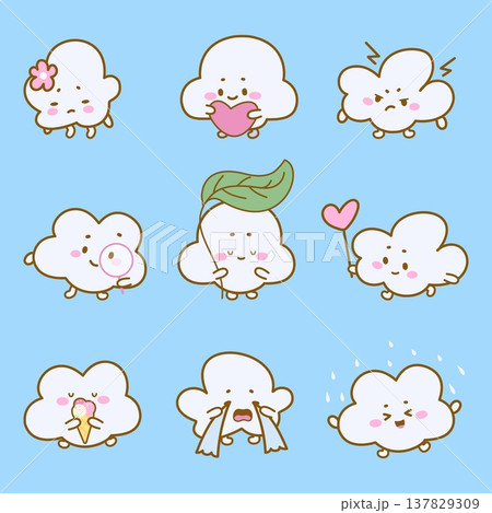Kawaii clouds set. Tiny cloud different expressions. Cute nature weather elements cries, gets angry, is happy, is in love and holds heart, nowaday vector characters 137829309