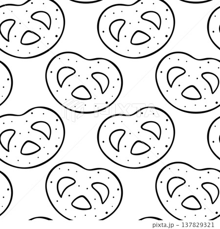 Shortbread cookies in the shape of a pretzel cracker, simple black and white pattern. Minimalist vector illustration for bakery, snack packaging or culinary graphics 137829321