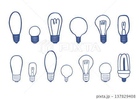 Set of hand drawn light and LED bulb outlines in different shapes. Minimal blue line art icons isolated on white background. Perfect for Websites, presentations, social media, infographics, education Set of hand drawn light and LED bulb outlines in different shapes. Minimal blue line art icons isolated on white background. Perfect for Websites, presentations, social media, infographics, education 137829408