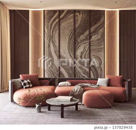 Modern living room interior with terracotta sofa and patterned wall panels Modern living room interior with terracotta sofa and patterned wall panels 137829438
