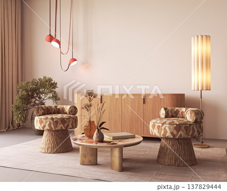 Minimalist living room interior with orange armchairs and pendant light Minimalist living room interior with orange armchairs and pendant light 137829444