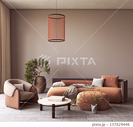 Modern living room interior with terracotta sofa and cylindrical pendant light 137829446