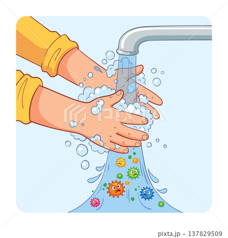 Cartoon illustration of child hands washing under running water while colorful germs and viruses are washed away 137829509