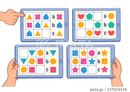 Kids shape sudoku puzzles on tablet screens. Fun educational logic game Kids shape sudoku puzzles on tablet screens. Fun educational logic game 137829549