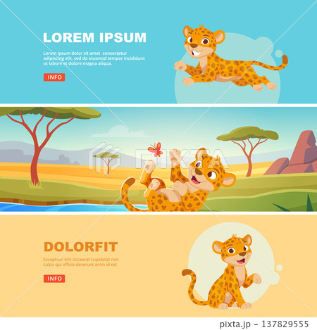 Jaguar. cartoon wild animal cat in action poses. vector jaguar banners 137829555