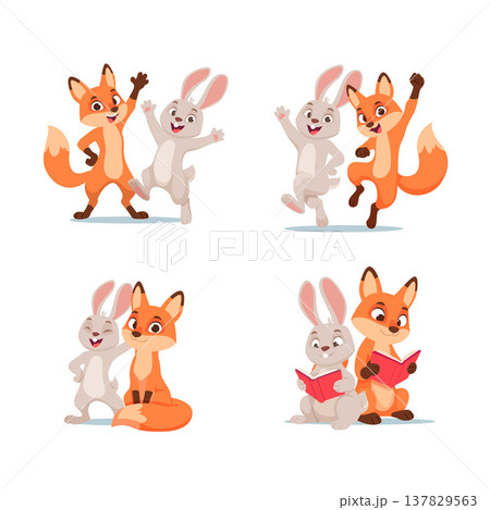 Fox and rabbit. cartoon couples with wild funny animals rabbit and fox Fox and rabbit. cartoon couples with wild funny animals rabbit and fox 137829563