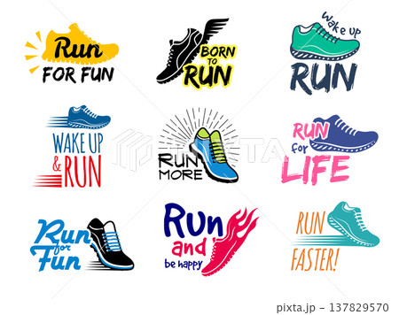 Run badges. Running shoes in labels design templates lettering logotype collection recent vector set Run badges. Running shoes in labels design templates lettering logotype collection recent vector set 137829570
