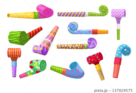 Paper blowers. Colored hats party cones and birthday blowers recent vector confetti Paper blowers. Colored hats party cones and birthday blowers recent vector confetti 137829575
