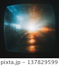 Abstract light burst vintage television screen blue and orange glow grunge texture optical flare nostalgic mood scratches dust cinematic effect 137829599