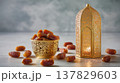 Luxurious Ramadan still life scene with golden lantern, ornate bowl filled with dates, soft lighting, and elegant decor, evoking warmth and celebration for festive gatherings 137829603