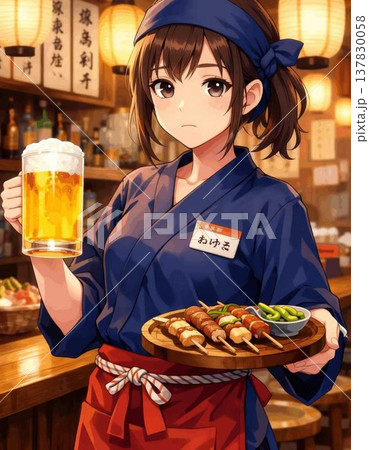 居酒屋女性スタッフのイラスト！アルバイト店員店内ホール！ 137830058