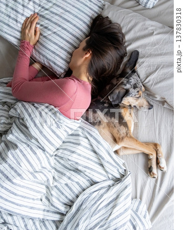 top view of sleeping woman and dog in bed. girl and pet sleep comfortably together and cuddle. top view of sleeping woman and dog in bed. girl and pet sleep comfortably together and cuddle. 137830318
