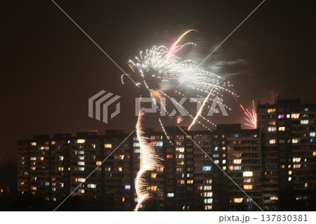 colorful fireworks with various colors at city colorful fireworks with various colors at city 137830381