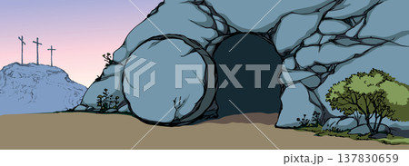 Vector drawing. Old stone cave door 137830659