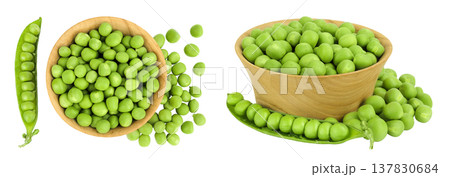 Fresh green peas in wooden bowl isolated on white background. Top view. Flat lay 137830684