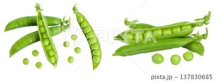 Fresh green pea pod with beans isolated on white background. Top view. Flat lay Fresh green pea pod with beans isolated on white background. Top view. Flat lay 137830685