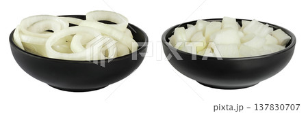 Onion slices in a ceramic bowl isolated on a white background. Onion slices in a ceramic bowl isolated on a white background. 137830707