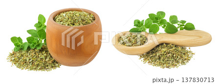 Oregano or marjoram leaves fresh and dry in wooden bowl and spoon isolated on white background. Top view. Flat lay. 137830713