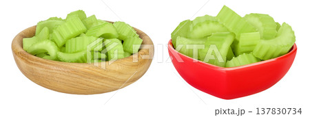 fresh celery in wooden and ceramic bowl isolated on white background with full depth of field fresh celery in wooden and ceramic bowl isolated on white background with full depth of field 137830734