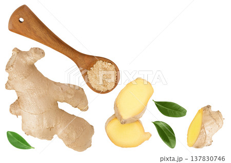 fresh ginger and ground ginger spice in wooden spoon isolated on white background. Top view with copy space for your text 137830746