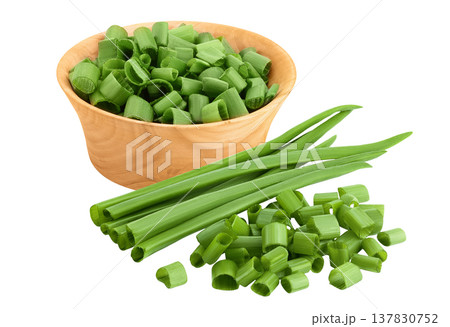 Green onion in wooden bowl isolated on the white background with full depth of field Green onion in wooden bowl isolated on the white background with full depth of field 137830752