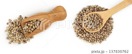 Hemp seeds in wooden scoop and spoon isolated on white background with full depth of field. Top view. Flat lay. 137830762