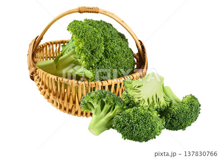 fresh broccoli in wicker basket isolated on white background close-up with full depth of field fresh broccoli in wicker basket isolated on white background close-up with full depth of field 137830766
