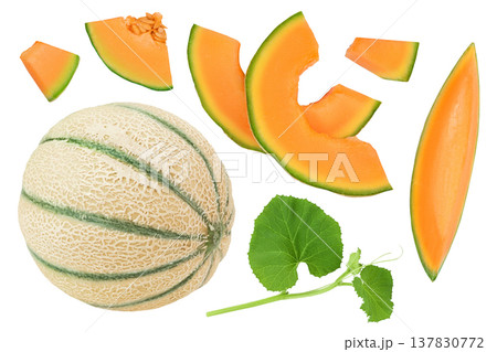 Cantaloupe melon slices isolated on white background with full depth of field. Top view. Flat lay 137830772