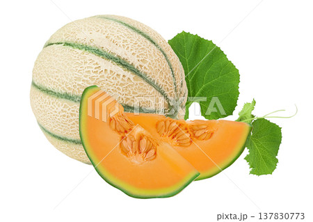 Cantaloupe melon slices isolated on white background with full depth of field. Cantaloupe melon slices isolated on white background with full depth of field. 137830773