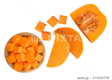 butternut squash slice in wooden bowl isolated on white background with full depth of field. Top view. Flat lay butternut squash slice in wooden bowl isolated on white background with full depth of field. Top view. Flat lay 137830779
