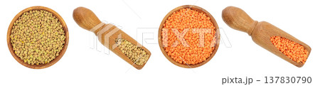 green lentil in wooden bowl and scoop isolated on white background. Top view green lentil in wooden bowl and scoop isolated on white background. Top view 137830790