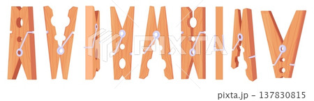 Clothespins. Wooden clothespin different rotations, laundry decorative tools. Household accessories for clothes, clatch for cord, cleaning nowaday vector elements Clothespins. Wooden clothespin different rotations, laundry decorative tools. Household accessories for clothes, clatch for cord, cleaning nowaday vector elements 137830815