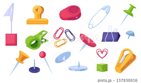 Cartoon clip holders. Metal plastic clutches, clips for documents and papers. Decorative office board pins. Cartoon stationery, pin and clamp, nowaday vector set Cartoon clip holders. Metal plastic clutches, clips for documents and papers. Decorative office board pins. Cartoon stationery, pin and clamp, nowaday vector set 137830816