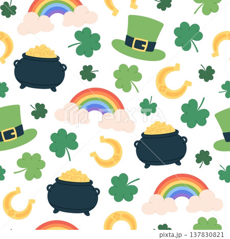 St. Patricks day seamless pattern. Ireland symbols, festive elements clover, green shamrock, hat and rainbow. Holiday print template, racy vector background 137830821