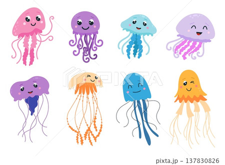 Jellyfish characters. Cartoon jellyfish, underwater funny animals swimming. Cute children mascots, isolated wild ocean sea creatures, classy vector set 137830826