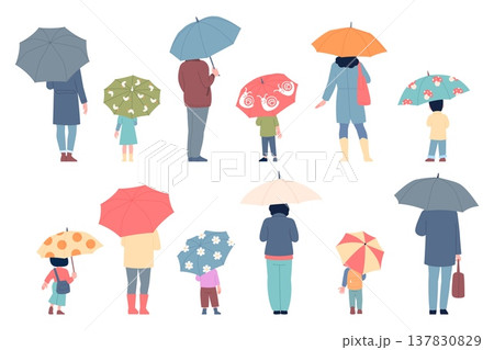 People stand back with umbrella. Adult woman, man, children holding umbrellas. Human on spring, autumn winter street, outdoor walking, recent vector characters 137830829