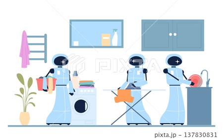 Robot helpers. Artificial intelligence robots help at home or apartment. Digital housekeepers, tech progress for simple human life, recent vector concept Robot helpers. Artificial intelligence robots help at home or apartment. Digital housekeepers, tech progress for simple human life, recent vector concept 137830831